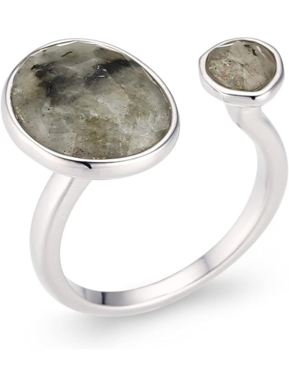 Stunning Double Stone Labradorite Open Circle Gemstone Ring - Silver Plated